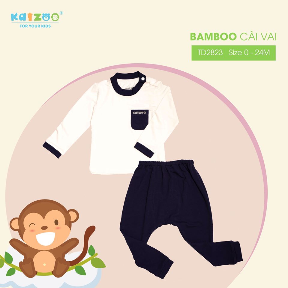 Bộ Tay dài kaizoo bamboo cài vai túi xanh đen - Bé 3-13kg  (RTD2823)